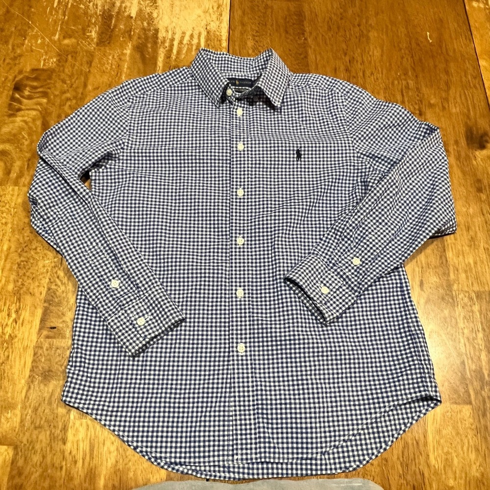 Ralph Lauren Boys L 14-16 Blue Gingham Check Classic Button Long Sleeve Shirt